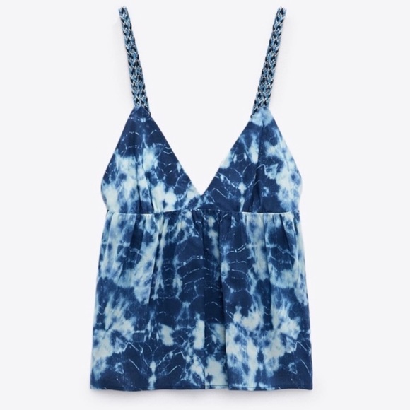 Zara Tops - Zara Tie dye printed Blue & White Crop Top Back Tie Cotton Braided Tank Size XS
